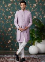 Art Silk Light Purple Groom Wear Thread Work Readymade Sherwani